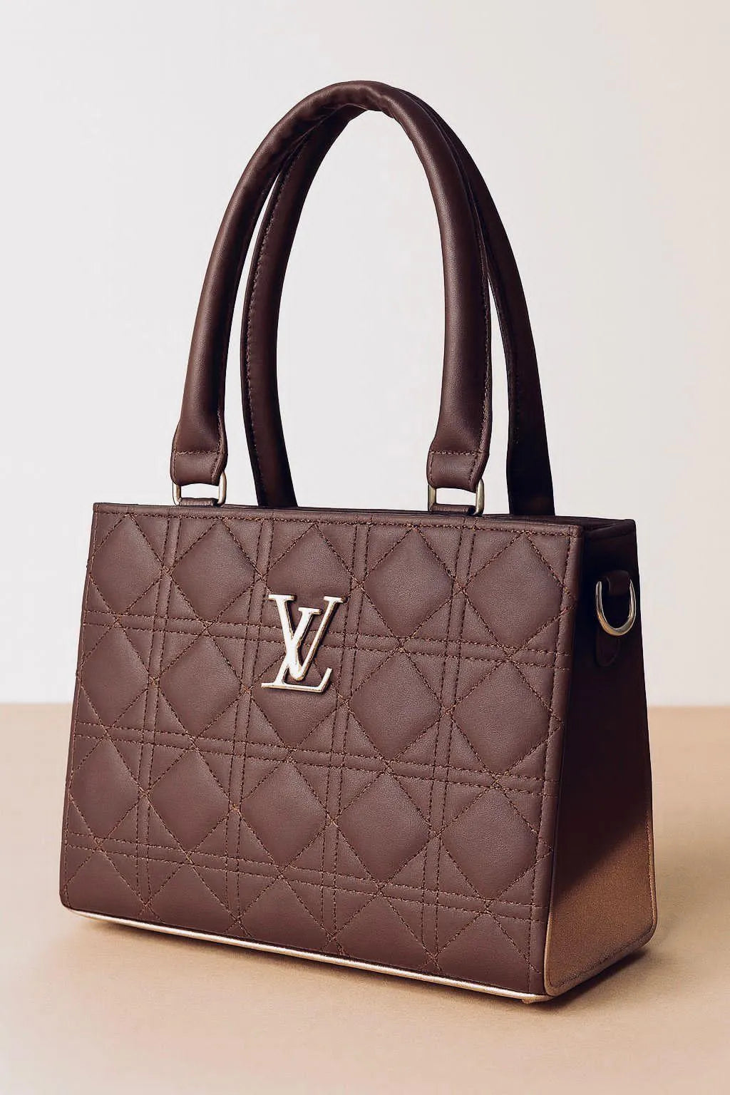 Luxury LV Style Diamond Quilted Handbag – Structured Brown Leather Top Handle