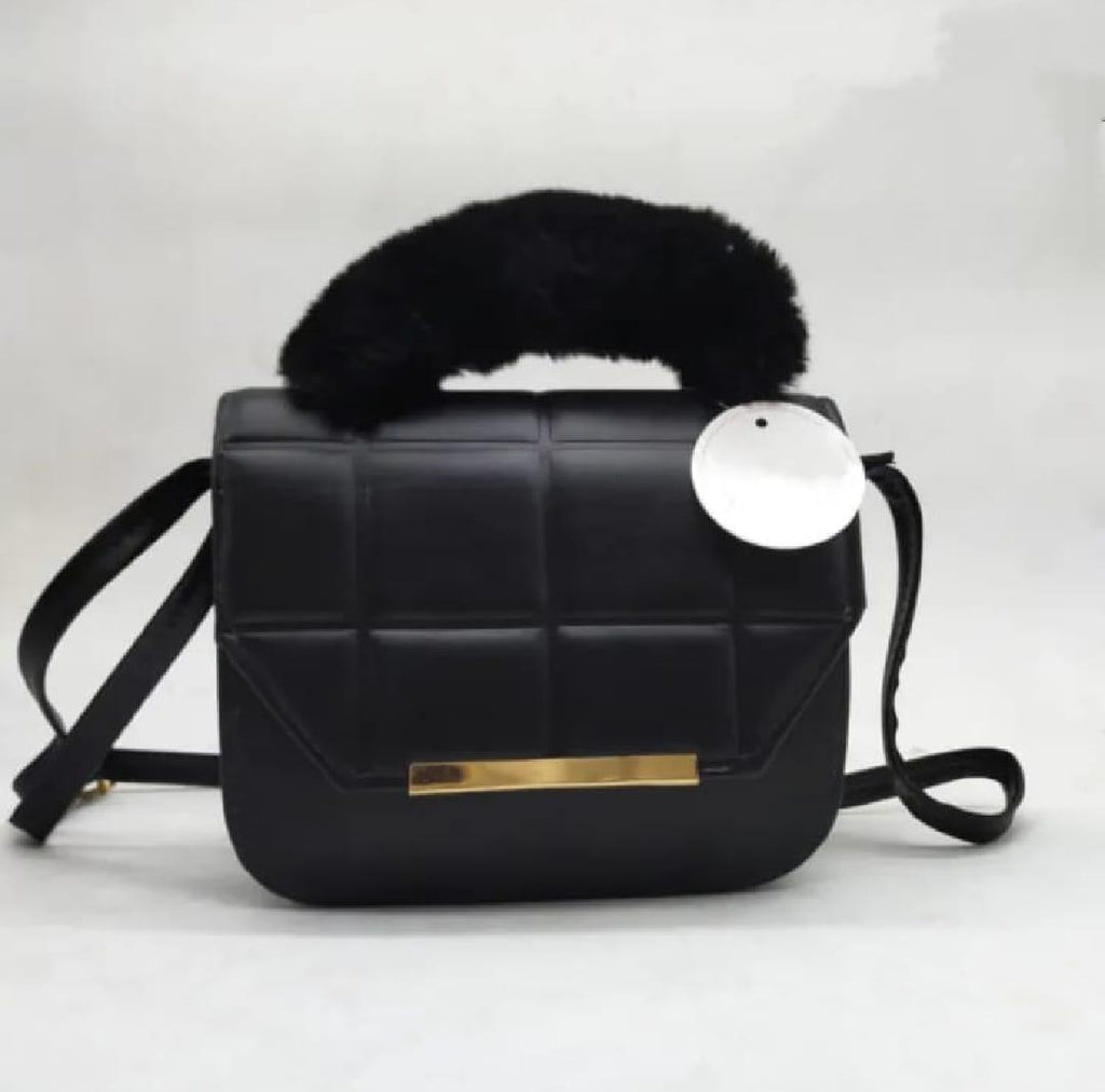 Women’s Black Quilted Crossbody Bag with Fur Handle | Elegant Evening Purse