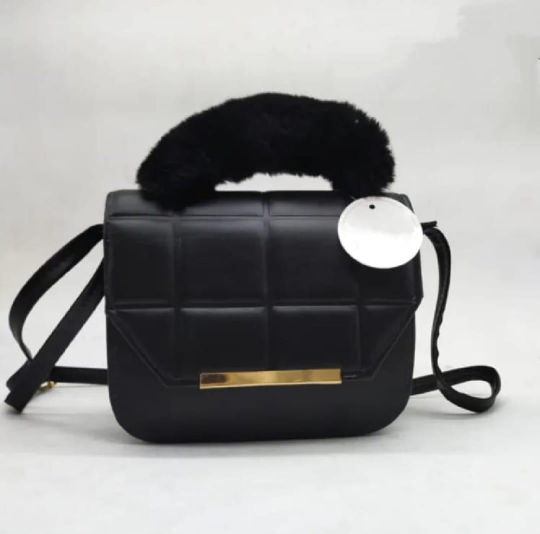 Women’s Black Quilted Crossbody Bag with Fur Handle | Elegant Evening Purse
