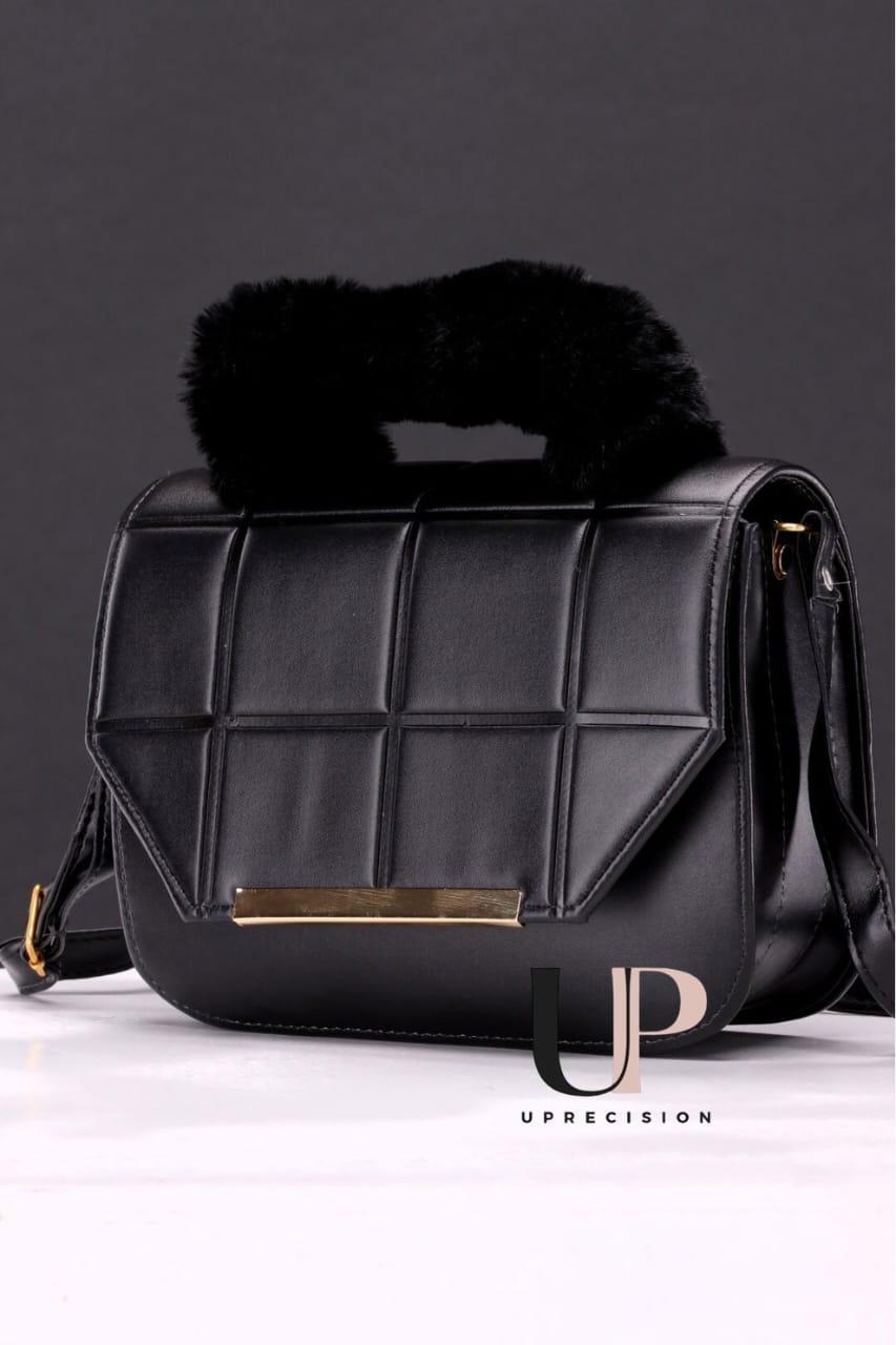 Women’s Black Quilted Crossbody Bag with Fur Handle | Elegant Evening Purse