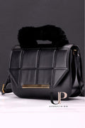 Women’s Black Quilted Crossbody Bag with Fur Handle | Elegant Evening Purse