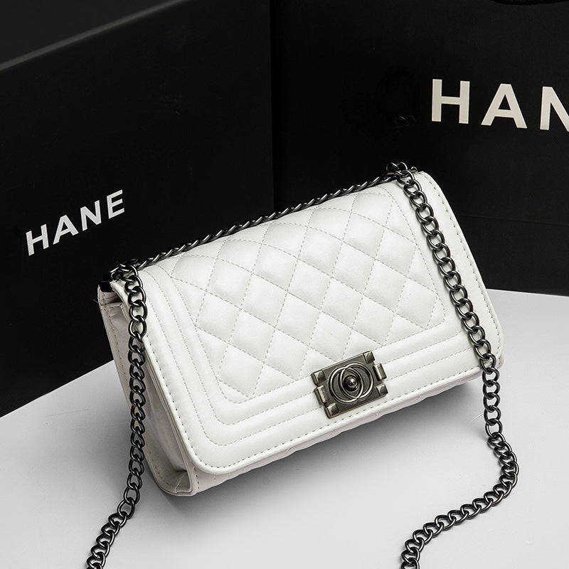 Quilted Black Leather-Look Chain Strap Crossbody Bag with Turn-Lock Clasp