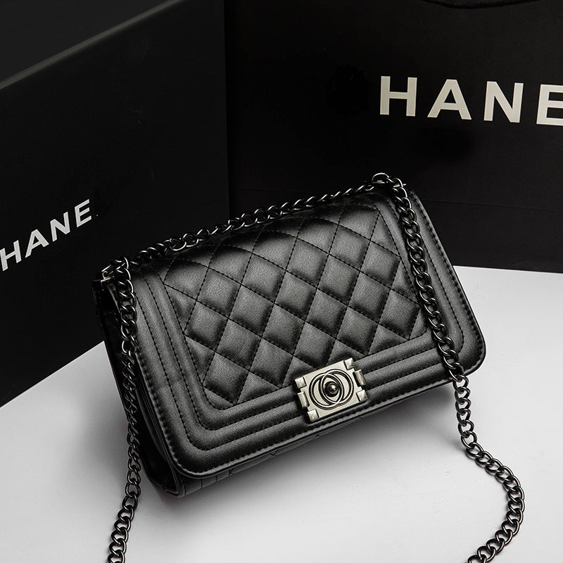 Quilted Black Leather-Look Chain Strap Crossbody Bag with Turn-Lock Clasp