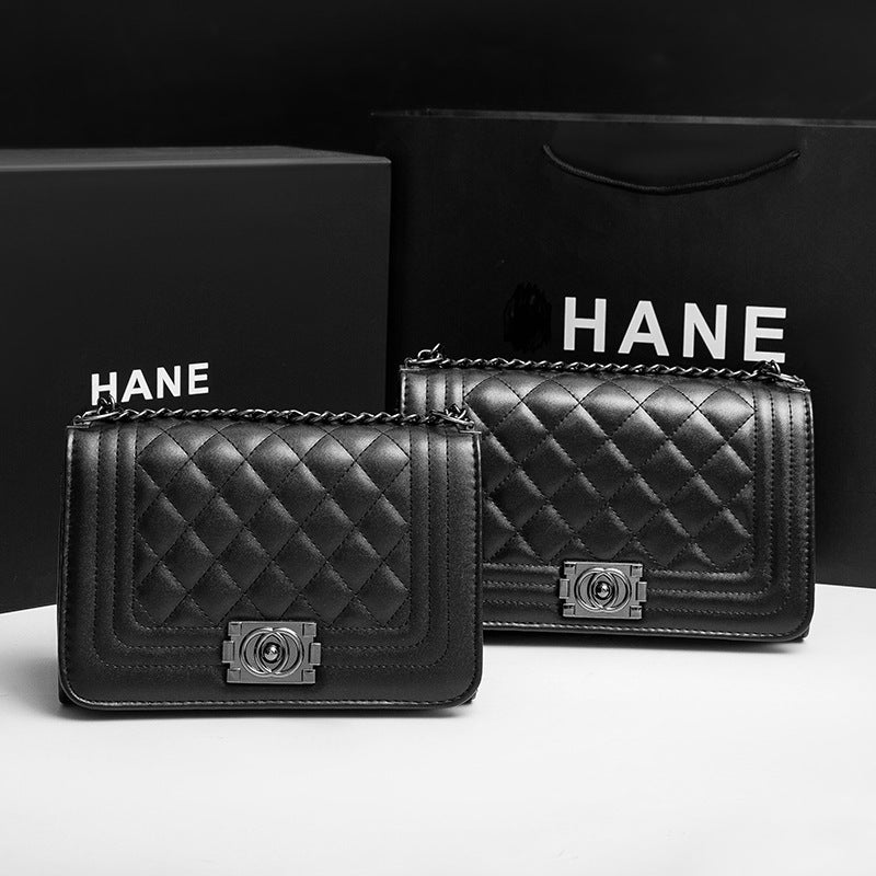 Quilted Black Leather-Look Chain Strap Crossbody Bag with Turn-Lock Clasp