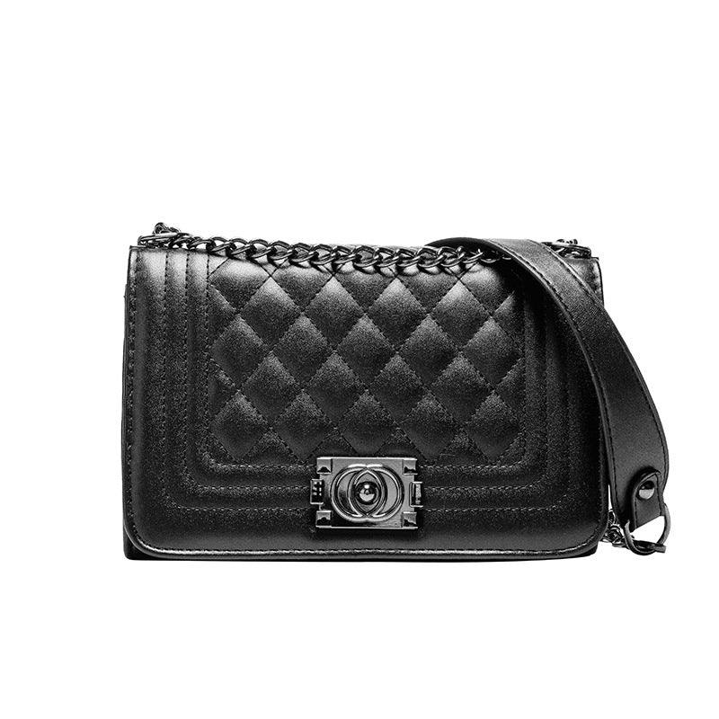 Quilted Black Leather-Look Chain Strap Crossbody Bag with Turn-Lock Clasp