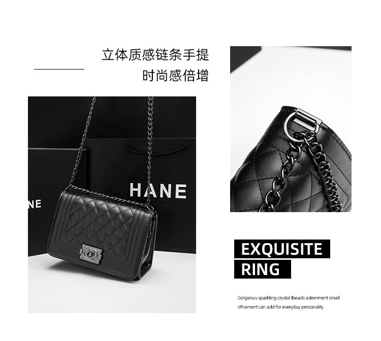 Quilted Black Leather-Look Chain Strap Crossbody Bag with Turn-Lock Clasp